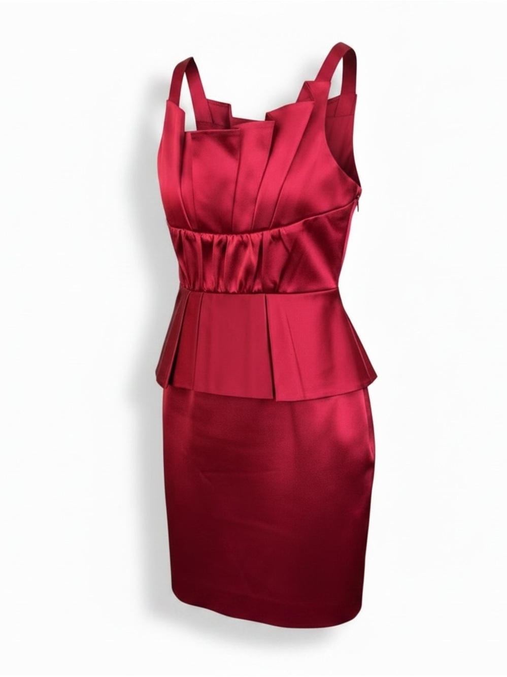 ALICE + OLIVIA ✘ Red Satin Corset Peplum Cocktail Party Dress Pleated Silk, S